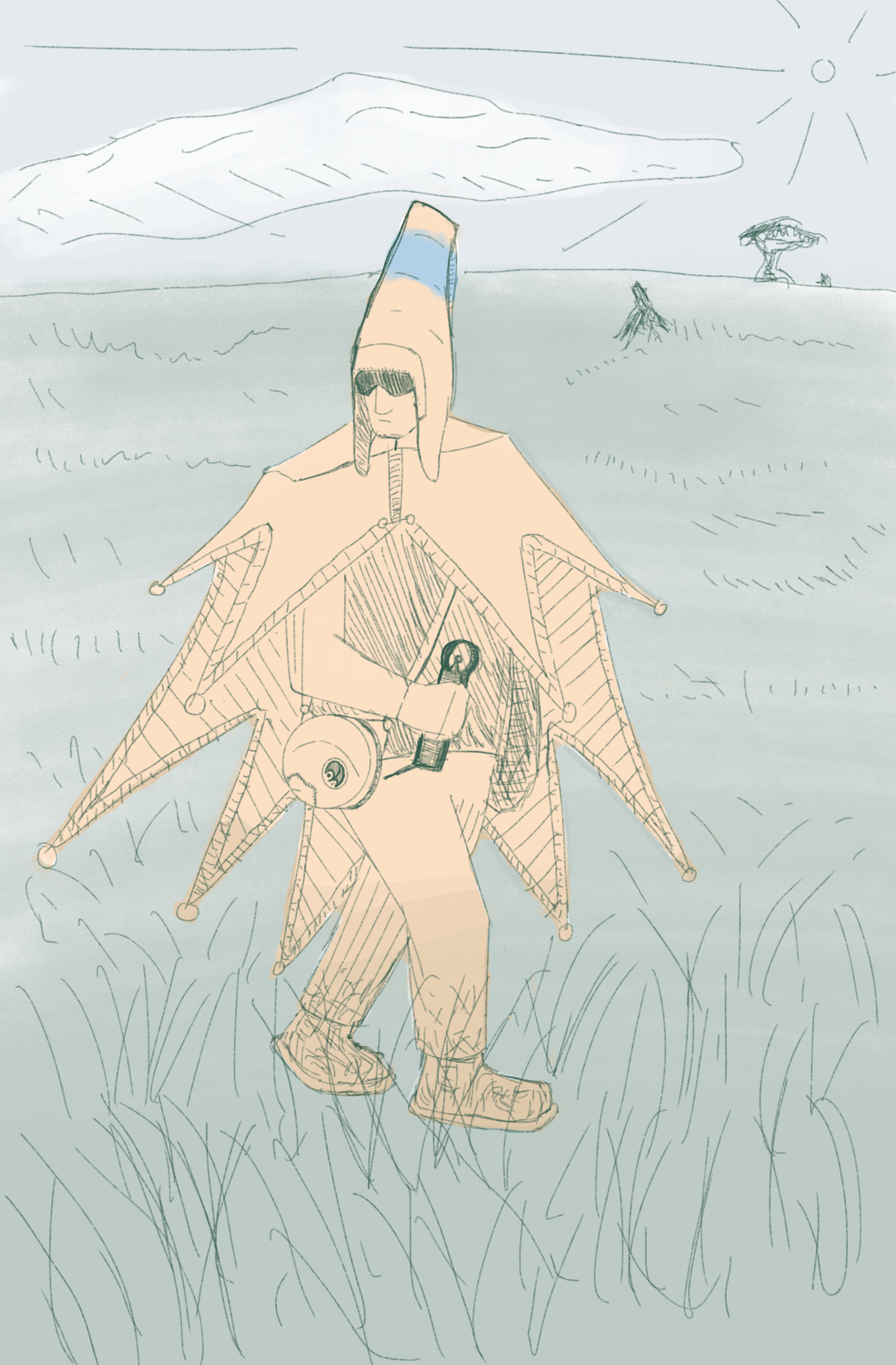 A colour sketch of a figure in a tall hat and many-pointed cloak searches through the tall grass with a radio in hand. Another similarly dressed figure can be seen further behind them.